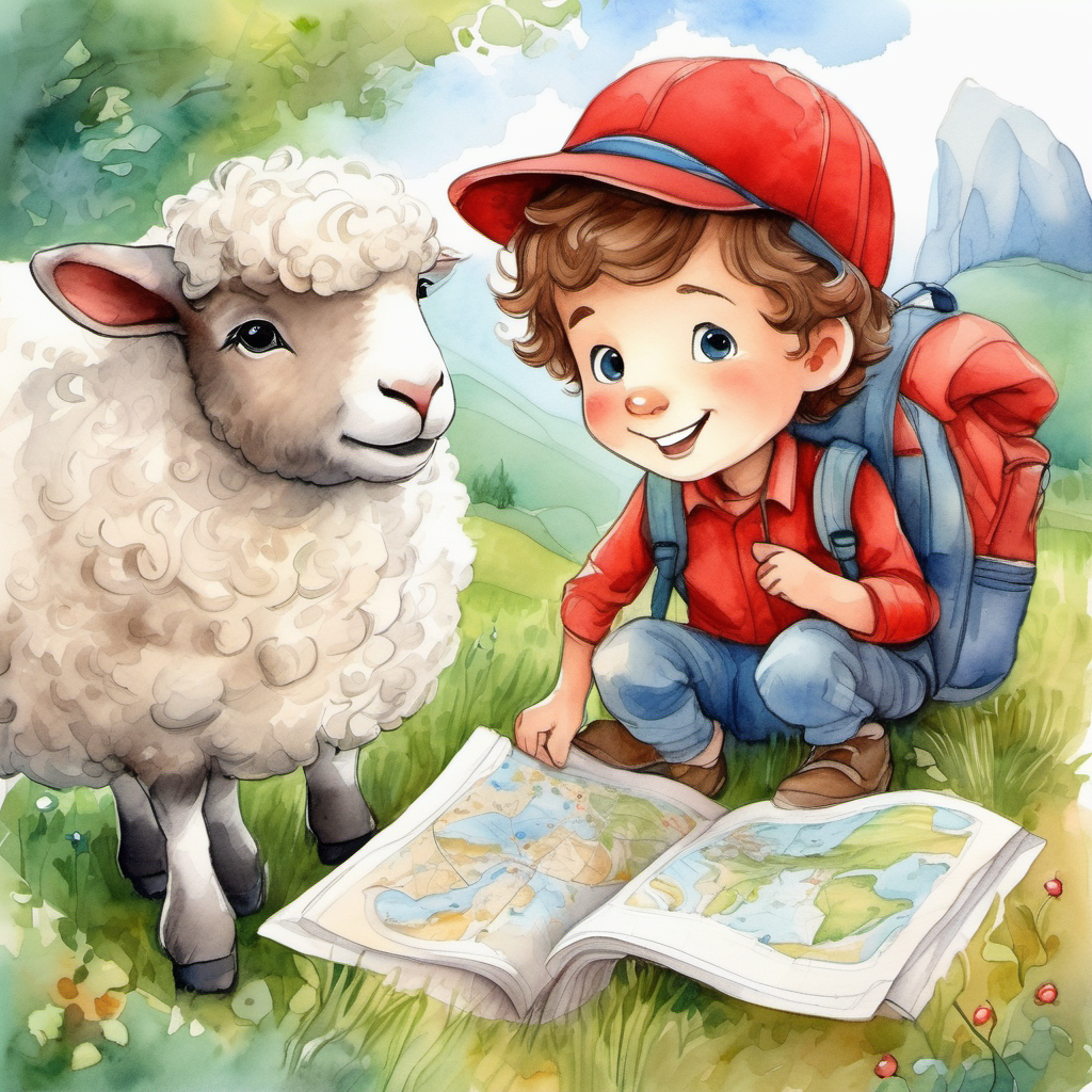 Curious boy with brown hair and a red hat, Adorable white sheep with a friendly smile, and Kind stranger with a backpack and a map sharing a heartwarming moment