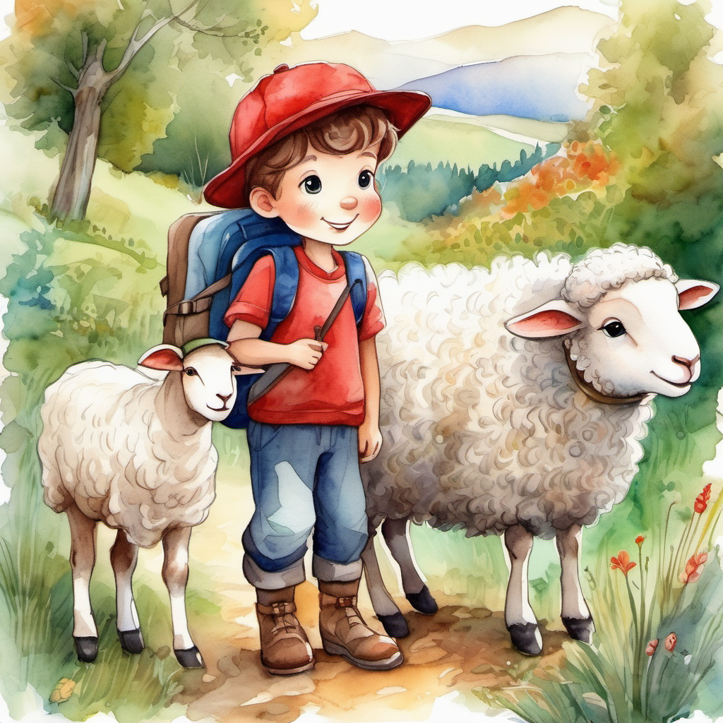 Curious boy with brown hair and a red hat, Adorable white sheep with a friendly smile, and Kind stranger with a backpack and a map surrounded by nature's beauty