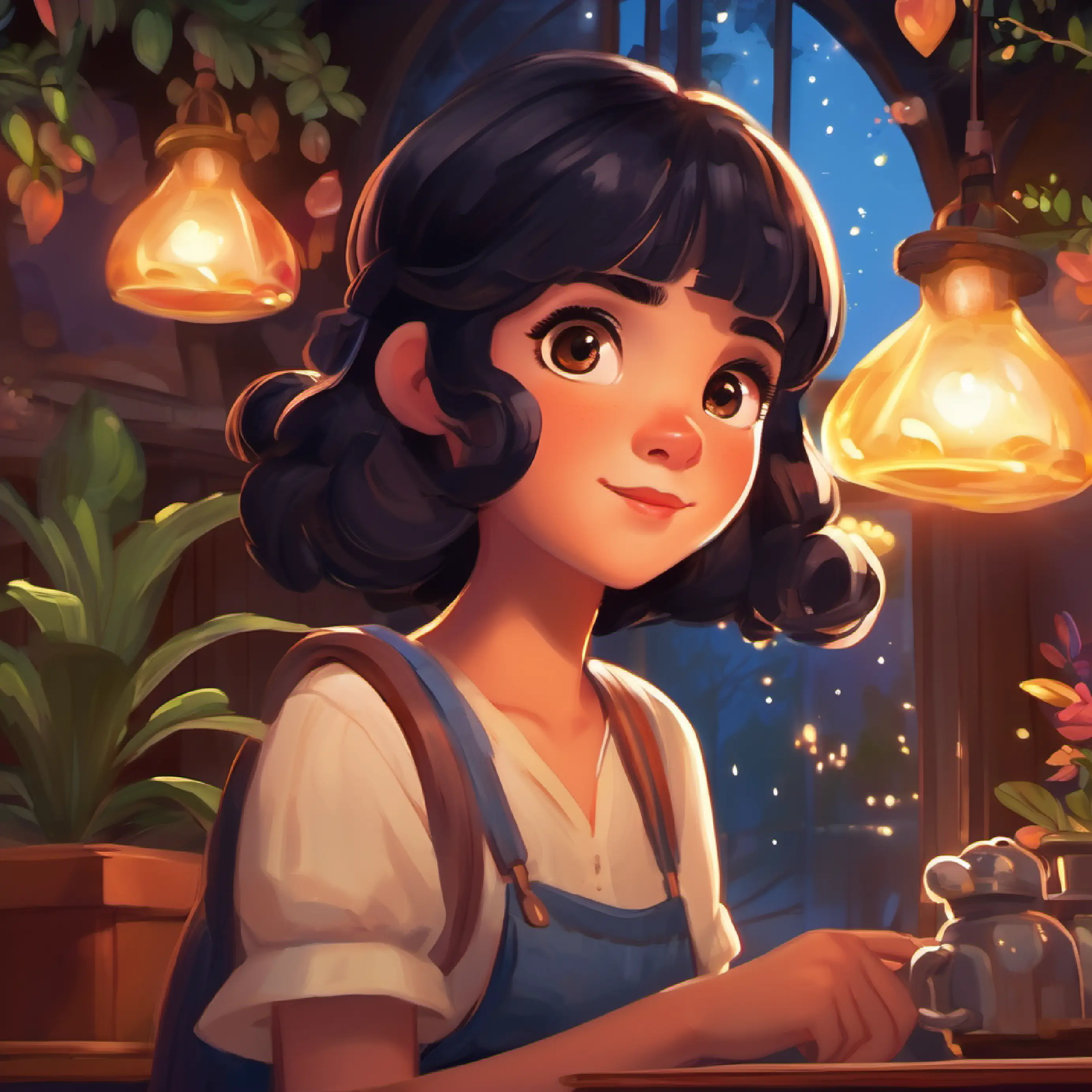 Introduction to Curious girl, midnight hair, bright, sparkling eyes and Digitville, cozy and curious setting.
