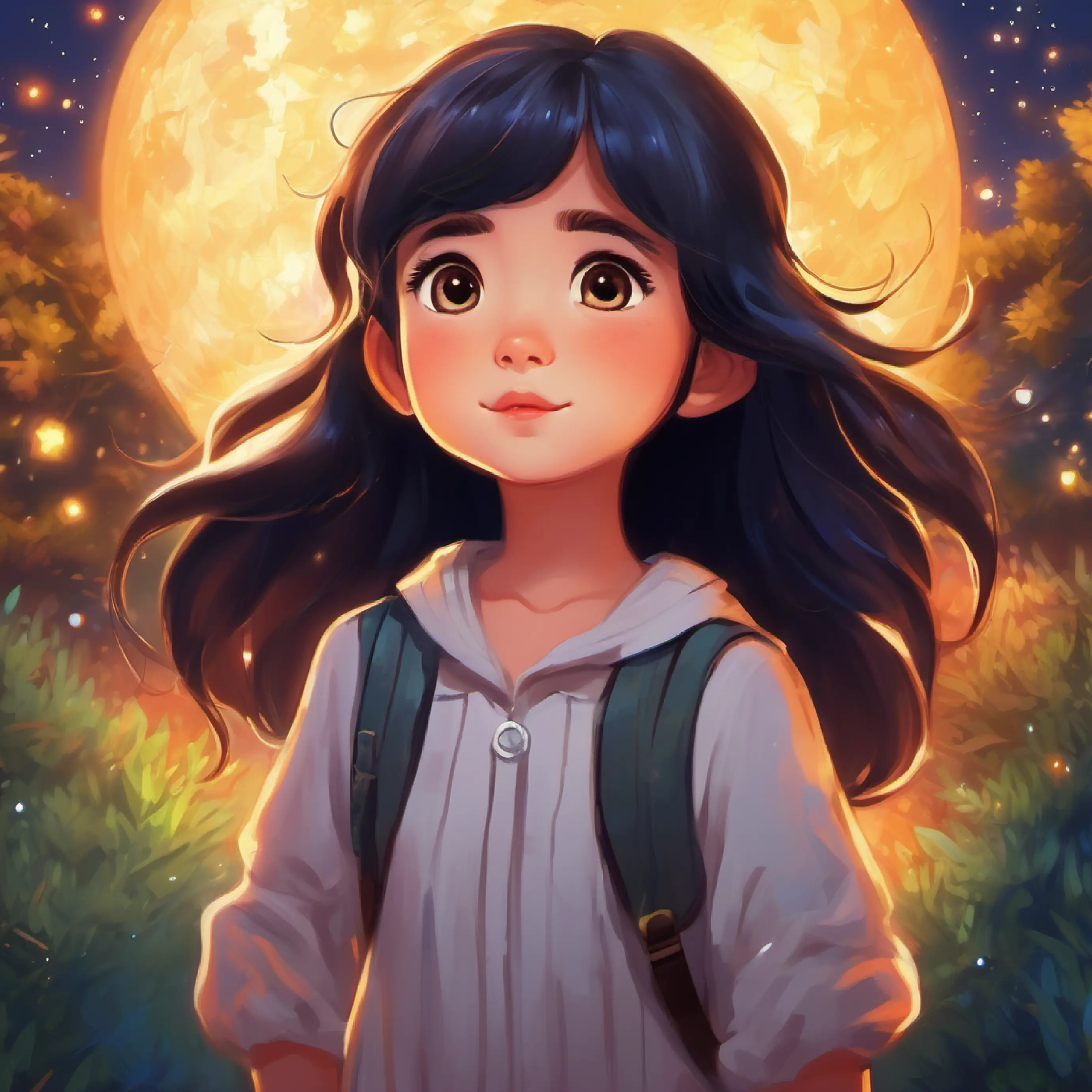 Curious girl, midnight hair, bright, sparkling eyes's return home, starlit sky and lessons learned.