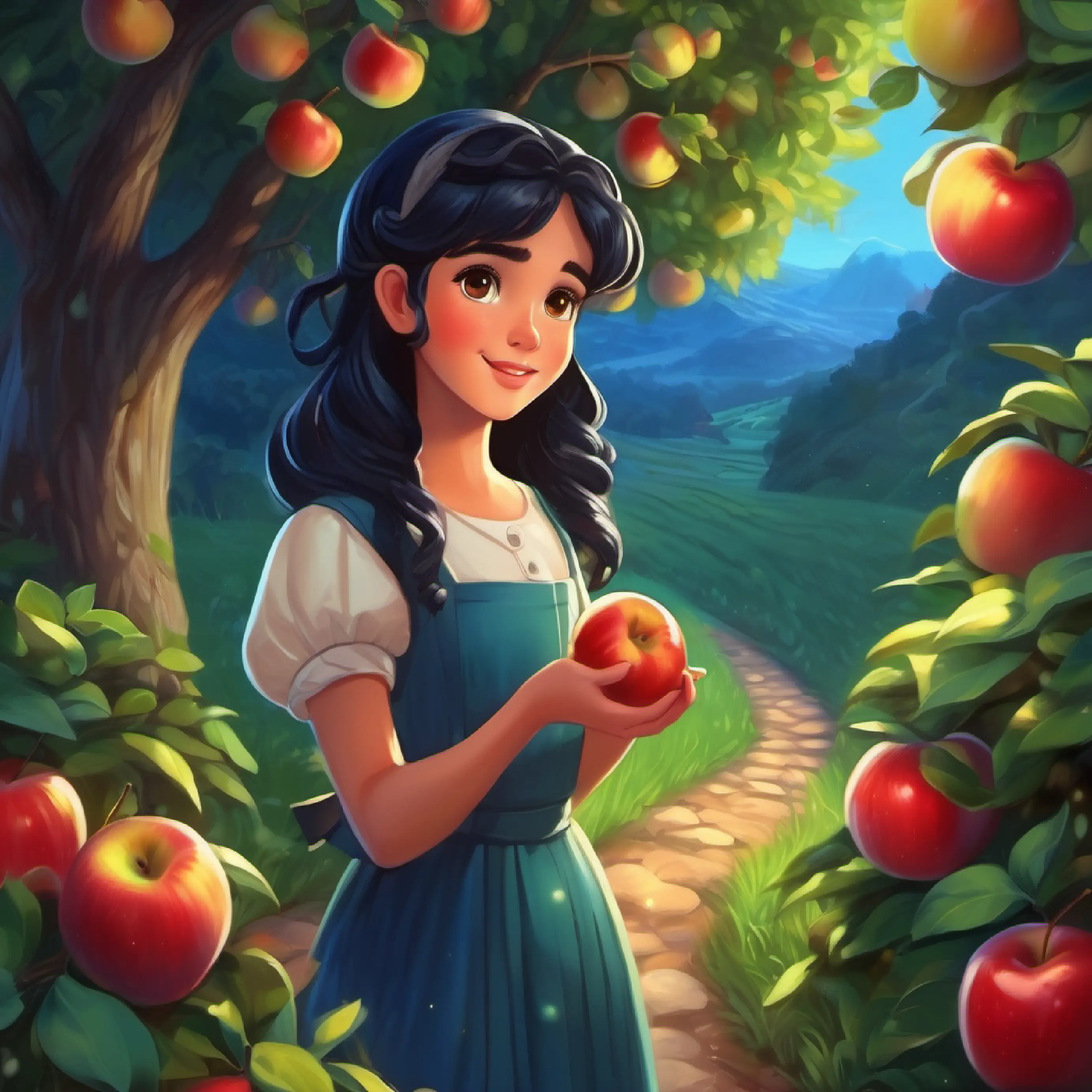 Curious girl, midnight hair, bright, sparkling eyes picks apples, path to glade is revealed.
