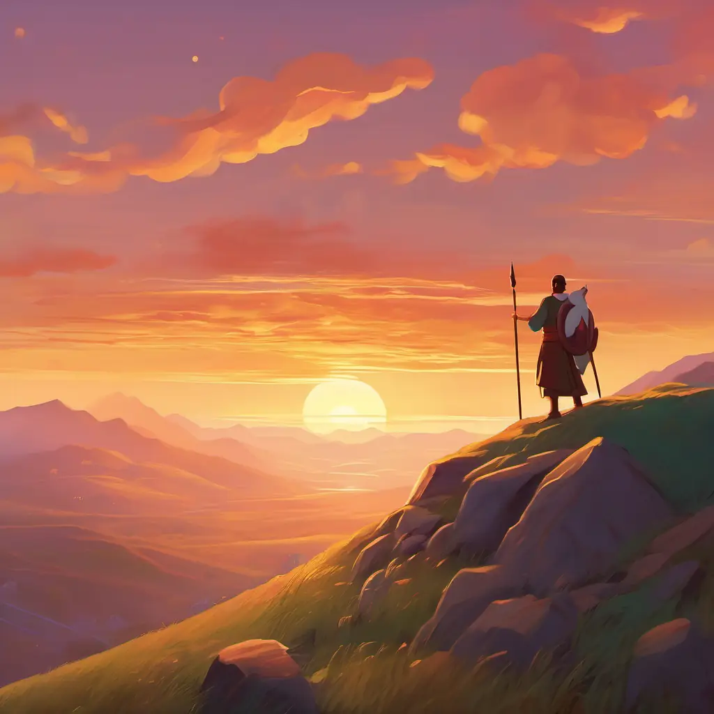 Loyal servant with tearful eyes and a face showing devotion descends the mountain carrying Saul's tale at sunset.