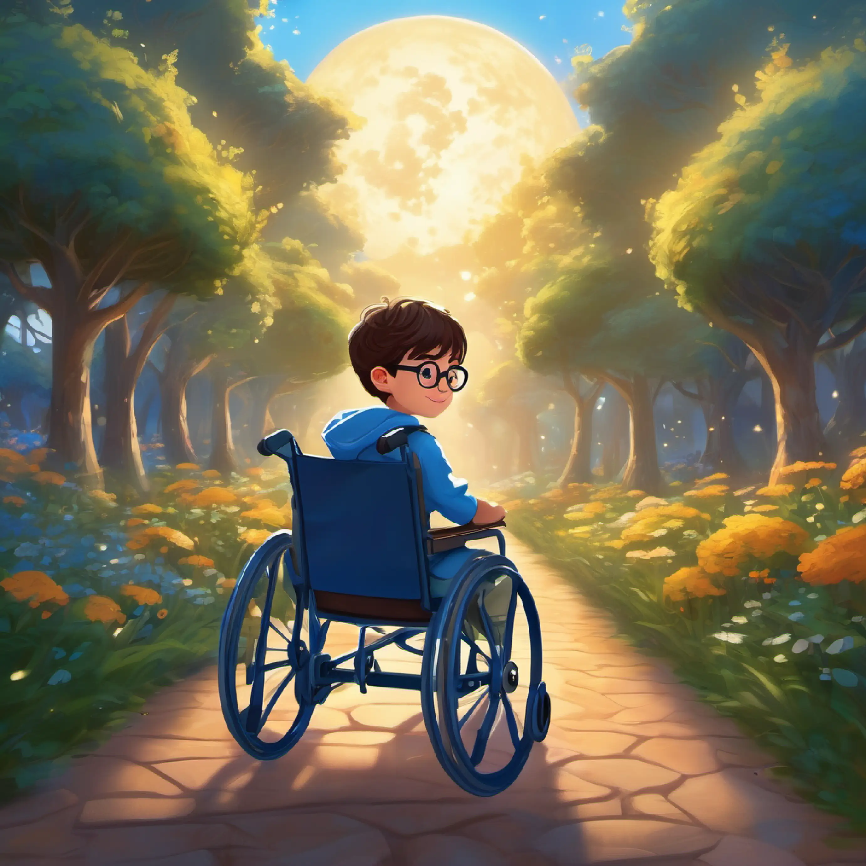 Introducing A boy with brown hair, wearing glasses, in a magical blue wheelchair and his magical wheelchair in Sunnyvale.