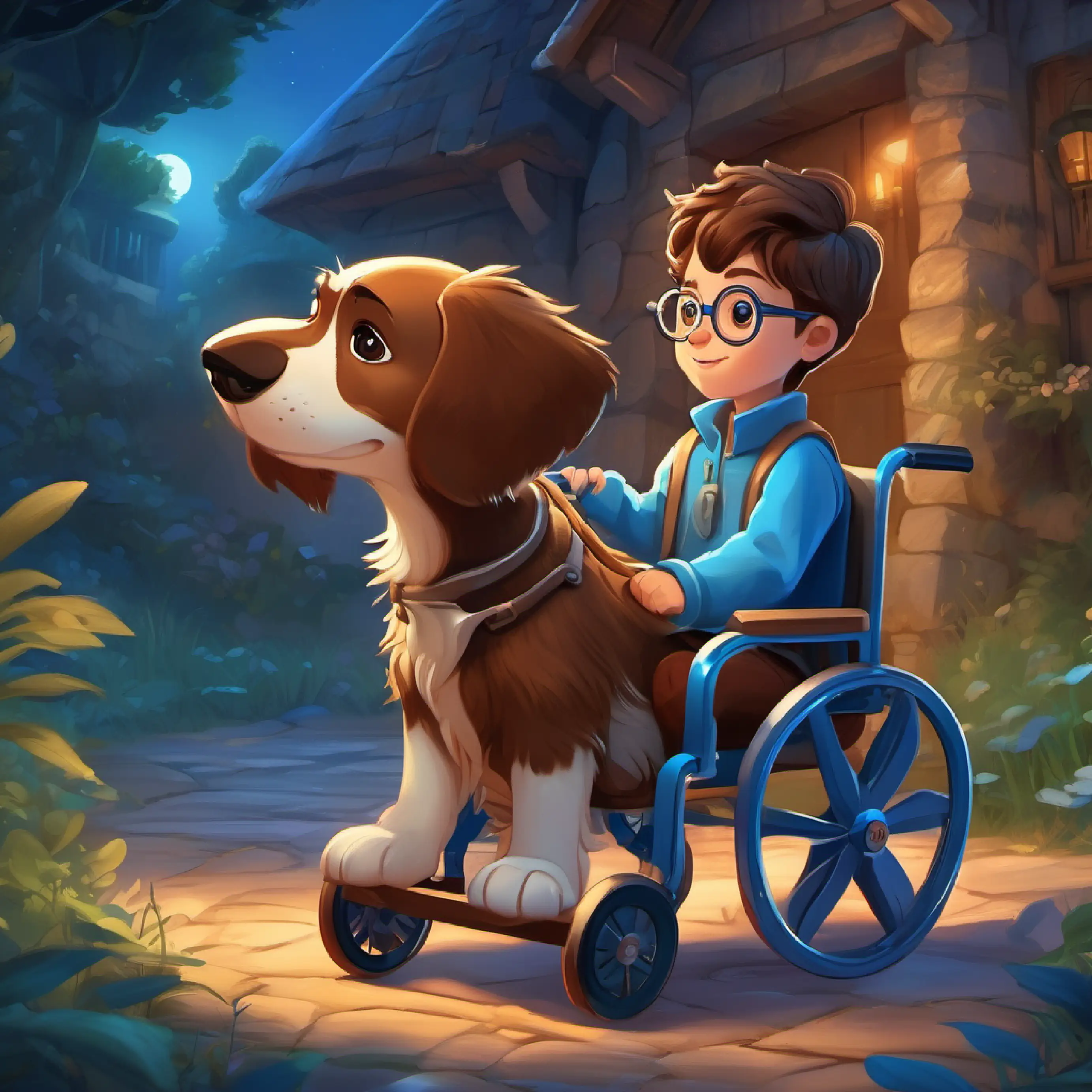 A boy with brown hair, wearing glasses, in a magical blue wheelchair rescues a puppy while on the treasure hunt.