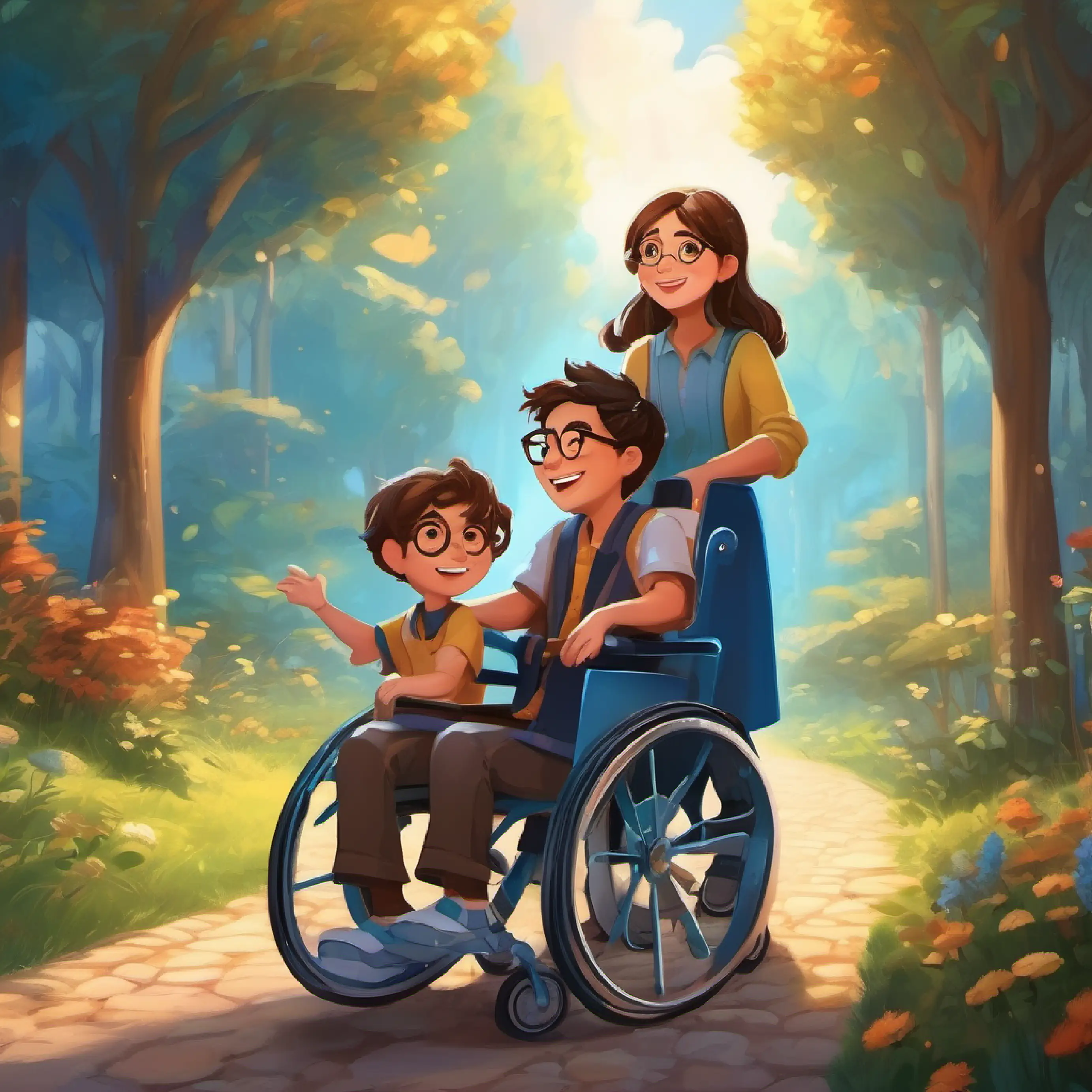 Friends celebrate and praise A boy with brown hair, wearing glasses, in a magical blue wheelchair's leadership.