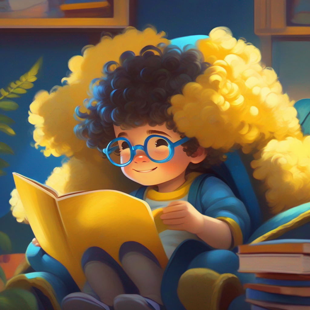 A small, happy child with curly hair, wearing glasses reading in a cozy chair, colors: yellow, blue