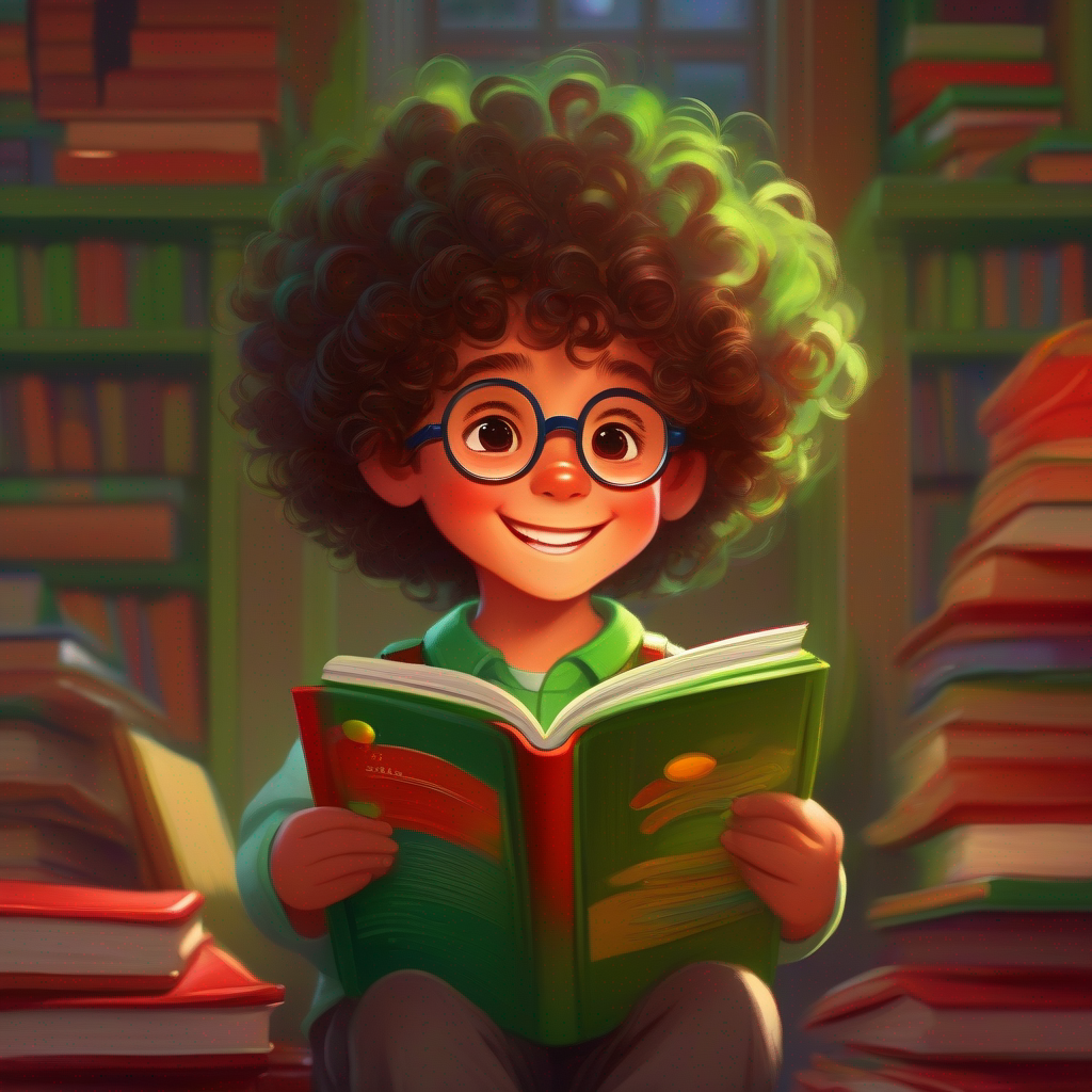 A small, happy child with curly hair, wearing glasses with a special book, colors: red, green