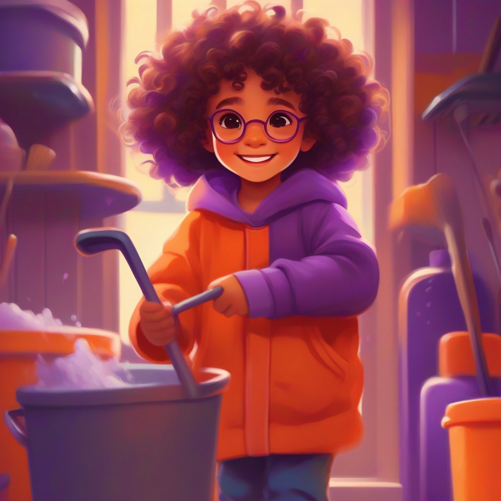 A small, happy child with curly hair, wearing glasses doing chores, colors: orange, purple