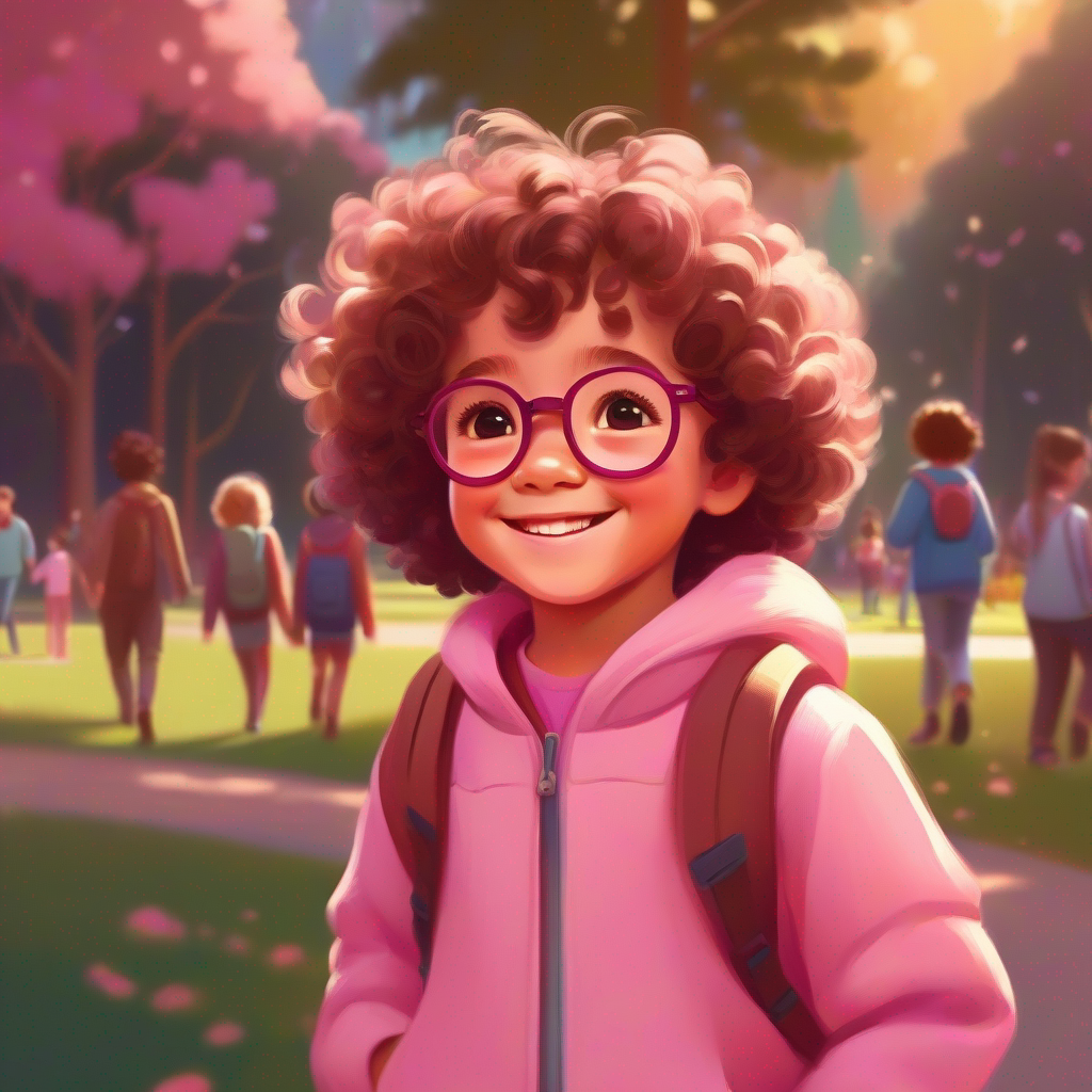 A small, happy child with curly hair, wearing glasses with parents at the park, colors: pink, brown
