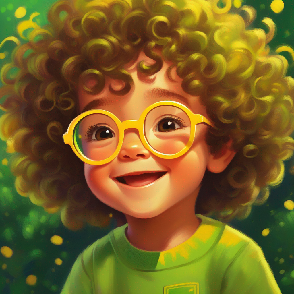 A small, happy child with curly hair, wearing glasses being responsible, colors: green, yellow