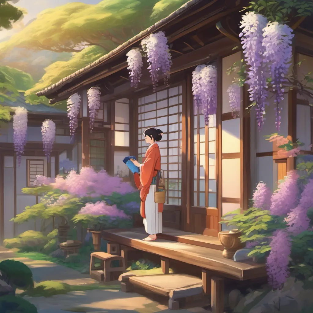 A traditional Japanese house adorned with wisteria flowers, with a gentle-looking woman tending to patients.