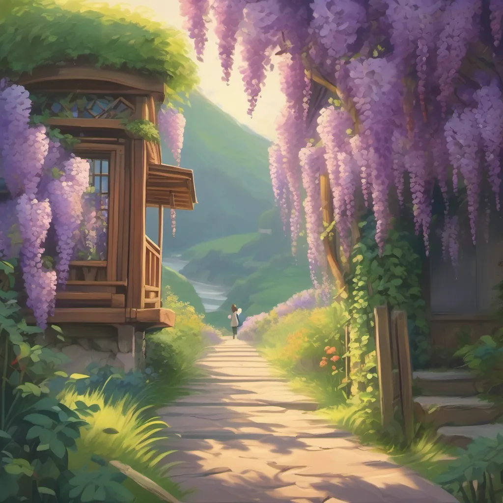 A heart-shaped trail of stories leading from the wisteria house into the horizon, symbolizing ongoing adventures.