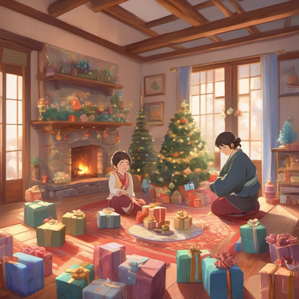 Kyojuro giving Miyuūra small, lovingly wrapped gifts, with each gift symbolized by its own artistic representation.