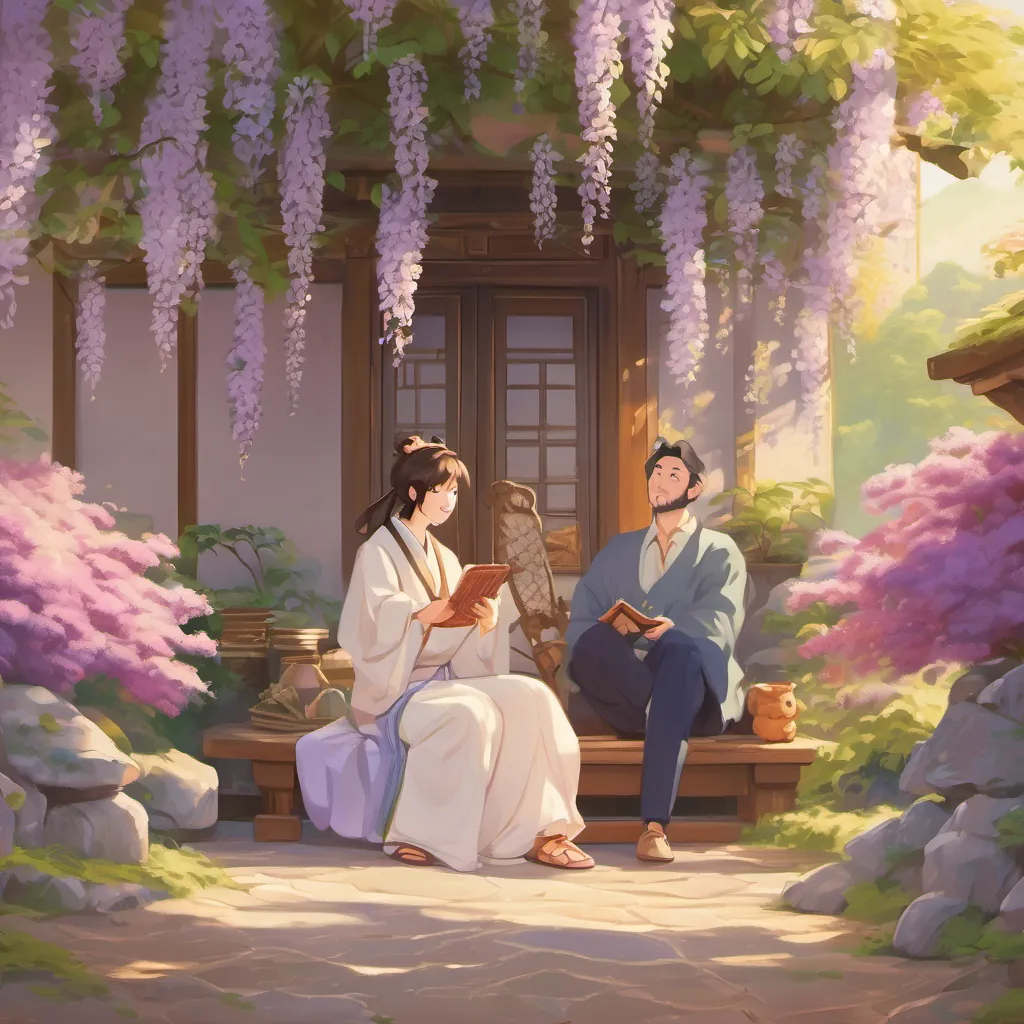 Kyojuro and Miyuūra sitting under wisteria, deeply engrossed in stories with ethereal vine illustrations connecting them.