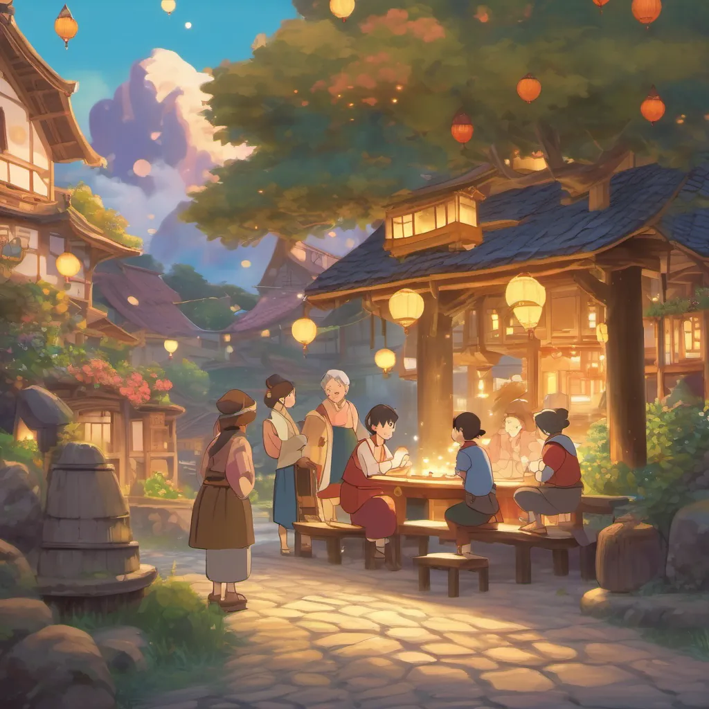 Villagers gossiping and watching curiously as Kyojuro and Miyuūra converse, magical sparkles in the air.