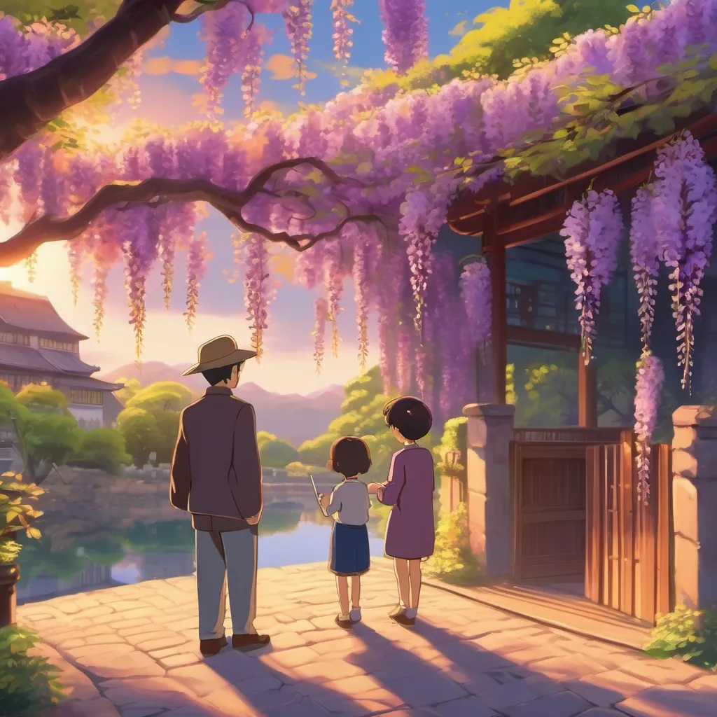 A warm sunset scene with Miyuūra presenting a glowing wisteria flower to Kyojuro.