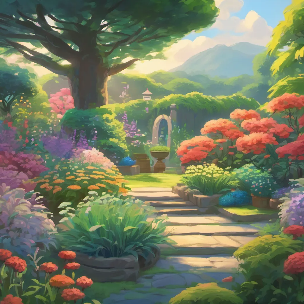 A vibrant garden filled with whimsical plants and flowers, a symbol of Kyojuro and Miyuūra's friendship and growing bond.