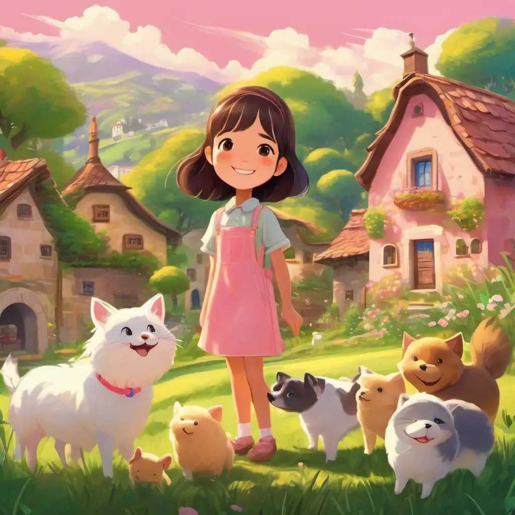 A cozy village with colorful houses and a smiling sun. Friendly girl, with a bright smile and playful brown eyes, wearing a pink dress and a bright smile, playing with her friends in a green meadow.