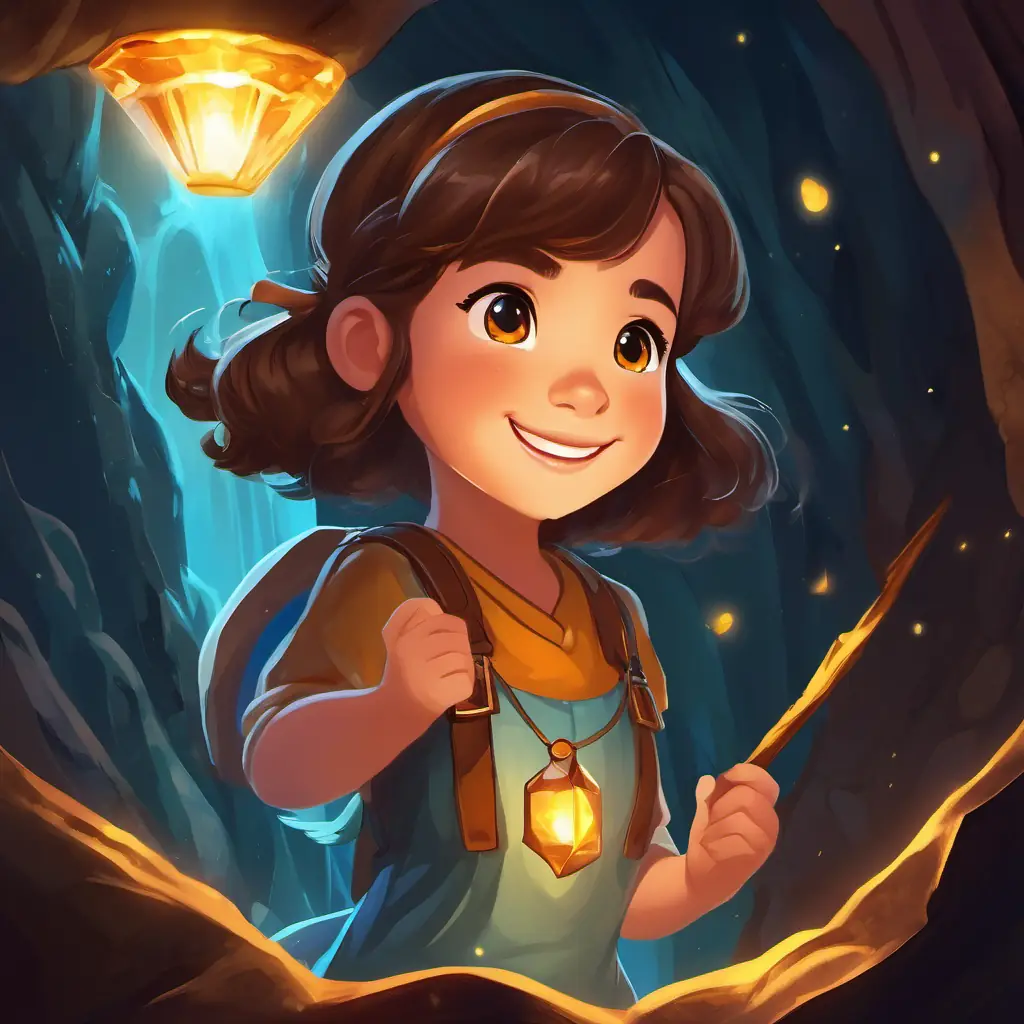 Friendly girl, with a bright smile and playful brown eyes in a dark cave, holding the shining amulet. The cave illuminated by the amulet's glow, and Friendly girl, with a bright smile and playful brown eyes with wings and sparkly hair flying around.