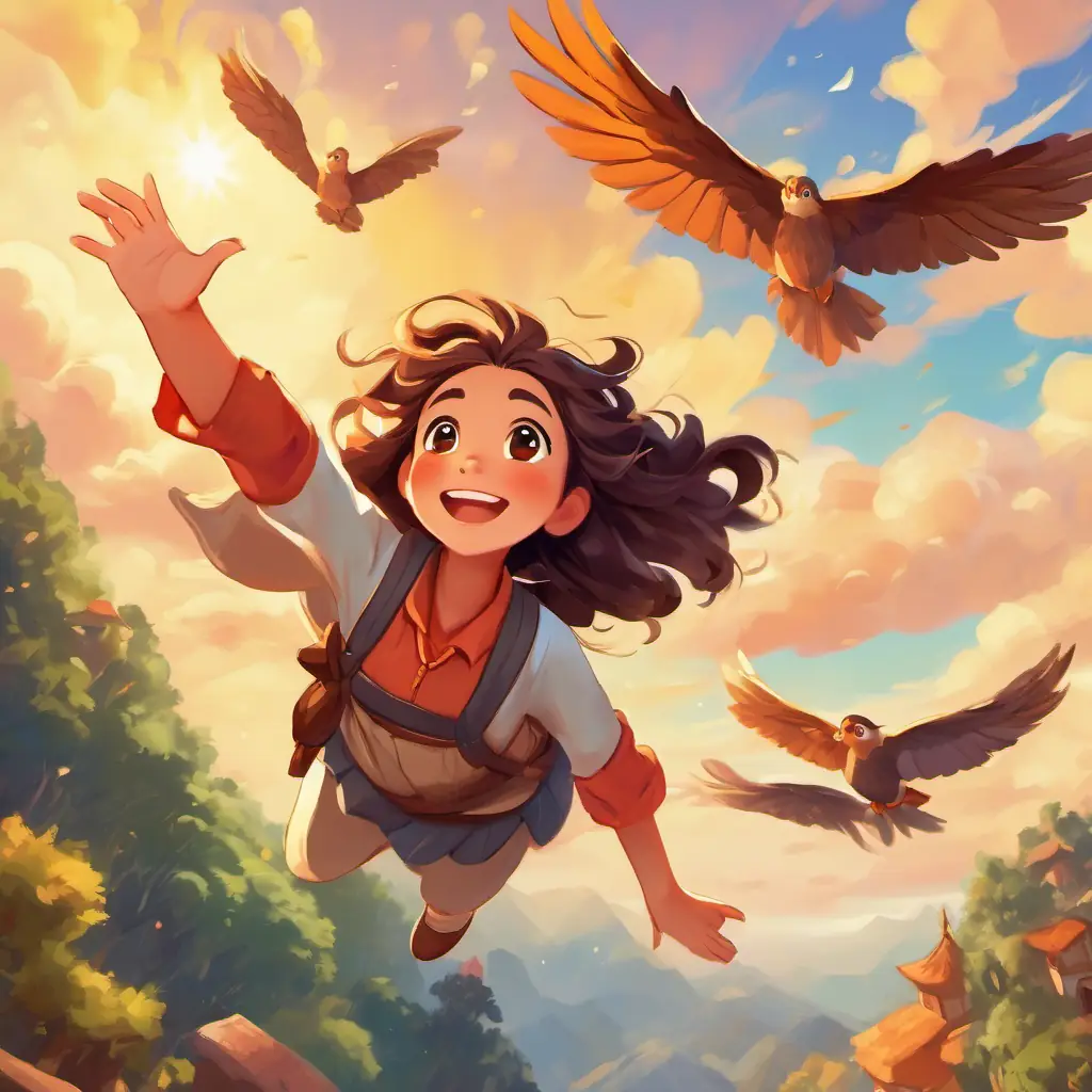 Friendly girl, with a bright smile and playful brown eyes flying in the sky, laughing with joy, and doing twists and turns. The villagers looking up with amazed expressions, pointing at Friendly girl, with a bright smile and playful brown eyes's colorful wings and sparkly hair.