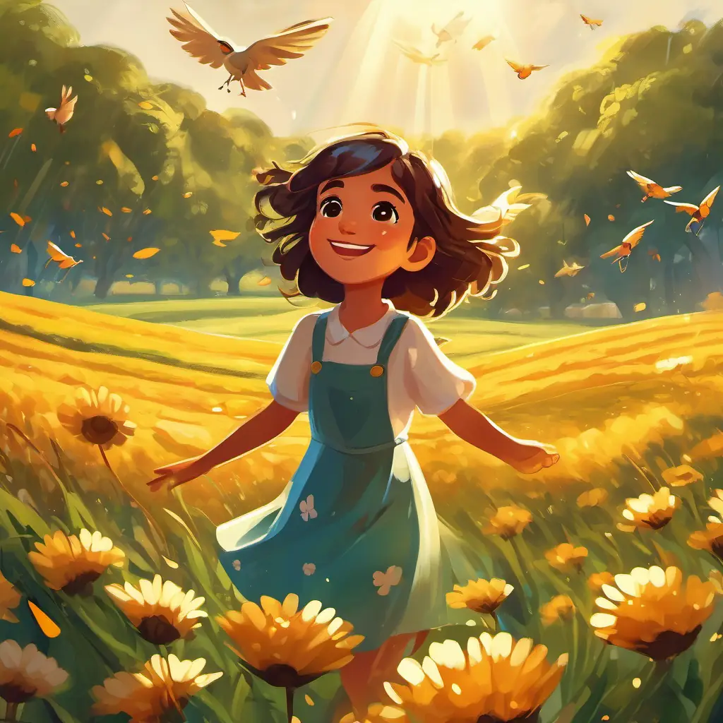 Friendly girl, with a bright smile and playful brown eyes flying over the fields, rain falling from her wings, and the sun shining brightly. Birds and bees dancing with Friendly girl, with a bright smile and playful brown eyes, and the land and trees flourishing.