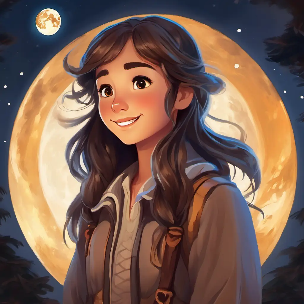 Friendly girl, with a bright smile and playful brown eyes looking up at the full moon, her amulet flickering, and her wings and hair losing their brightness. Friendly girl, with a bright smile and playful brown eyes descending slowly, sadness in her eyes.