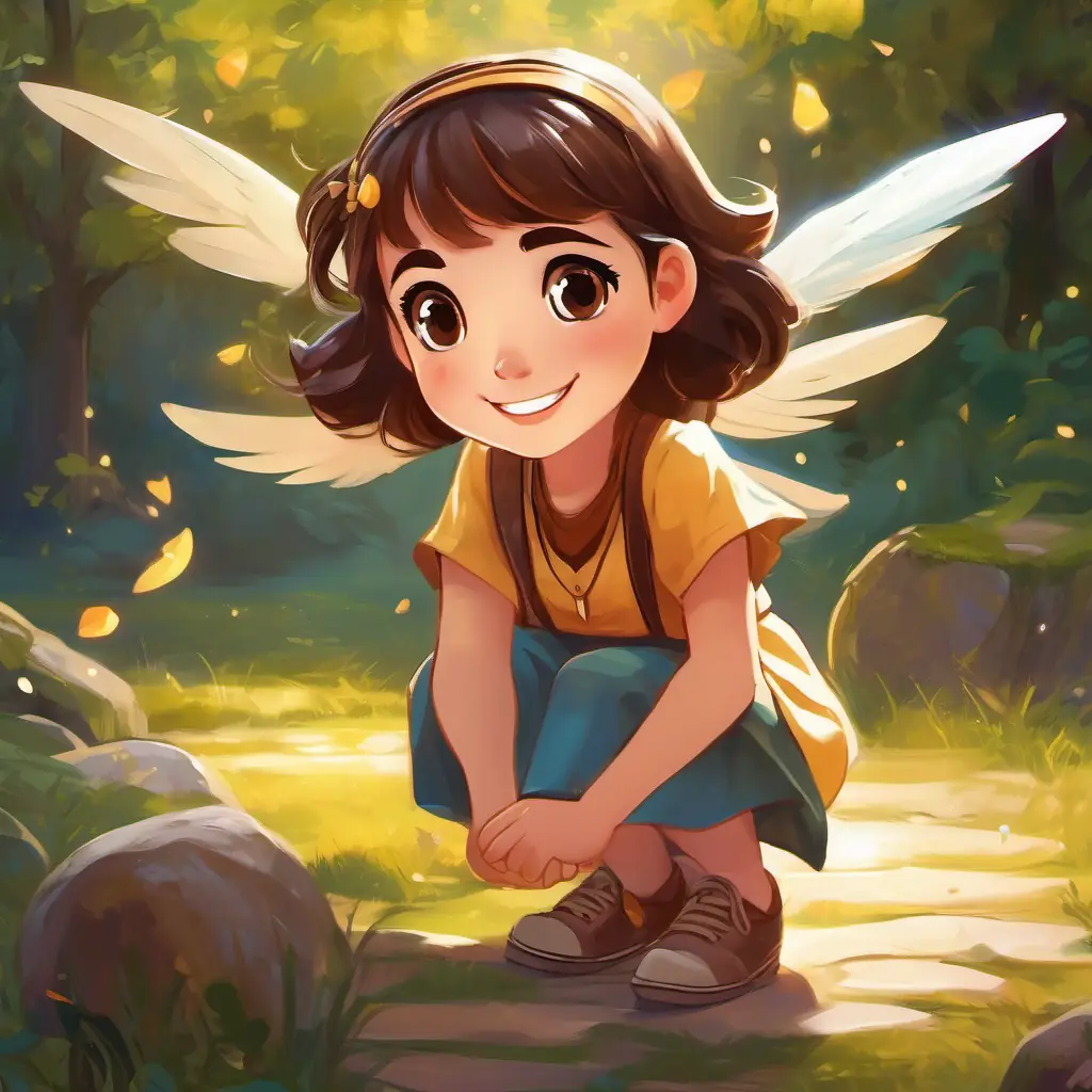 Friendly girl, with a bright smile and playful brown eyes landing on the ground, her wings disappearing, and a sad expression on her face. Friendly girl, with a bright smile and playful brown eyes looking at the amulet and then smiling brightly, realizing something.