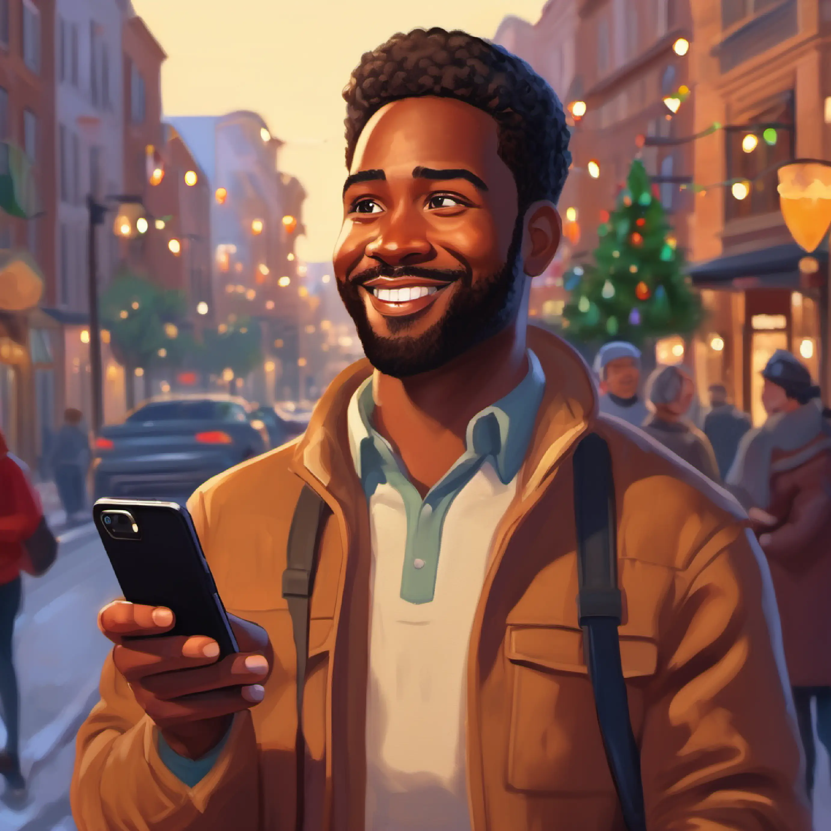 Introduction to 30-year-old black man, short hair, brown eyes, warm smile, his phone, and the new gig in Texas.