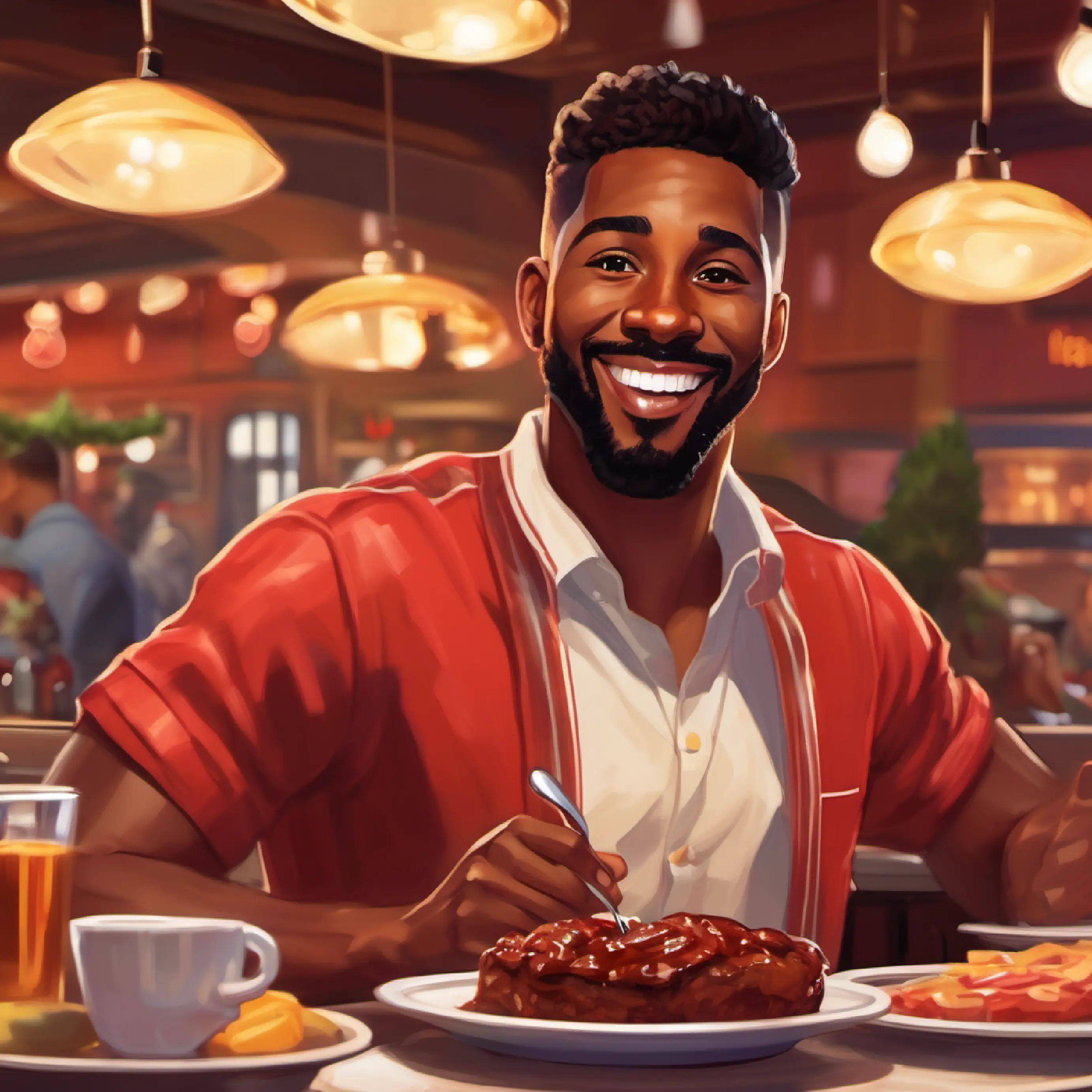 30-year-old black man, short hair, brown eyes, warm smile at a diner, ordering food, excited to try Texas BBQ.
