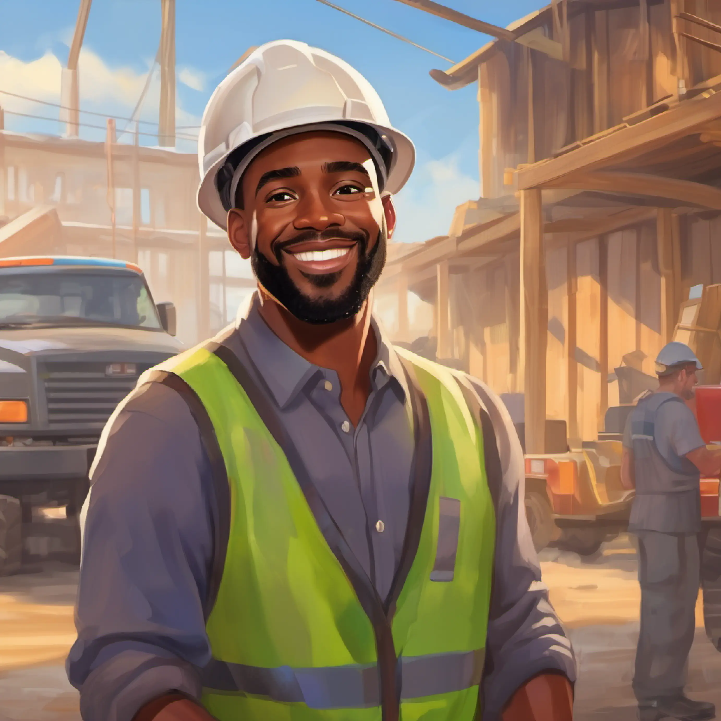30-year-old black man, short hair, brown eyes, warm smile at the job site, meeting the crew, feeling friendly.
