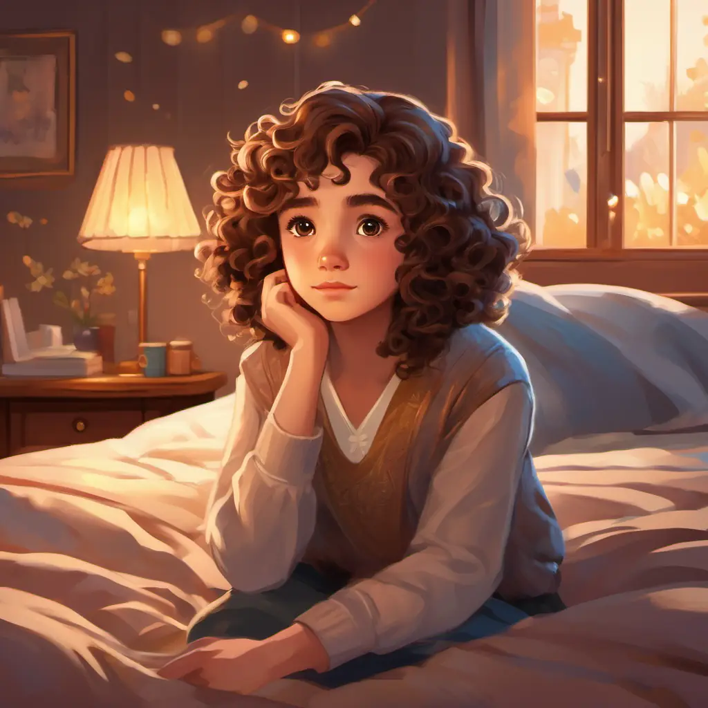 Charming girl with curly brown hair, sparkly brown eyes sitting on her bed, looking worried