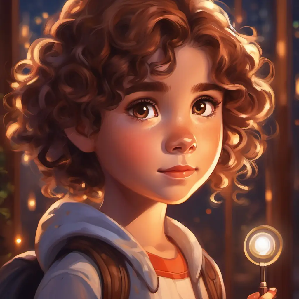 Charming girl with curly brown hair, sparkly brown eyes looking determined, holding a flashlight