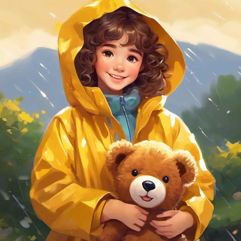 Charming girl with curly brown hair, sparkly brown eyes wearing a bright yellow raincoat, holding Soft teddy bear with a warm, friendly smile