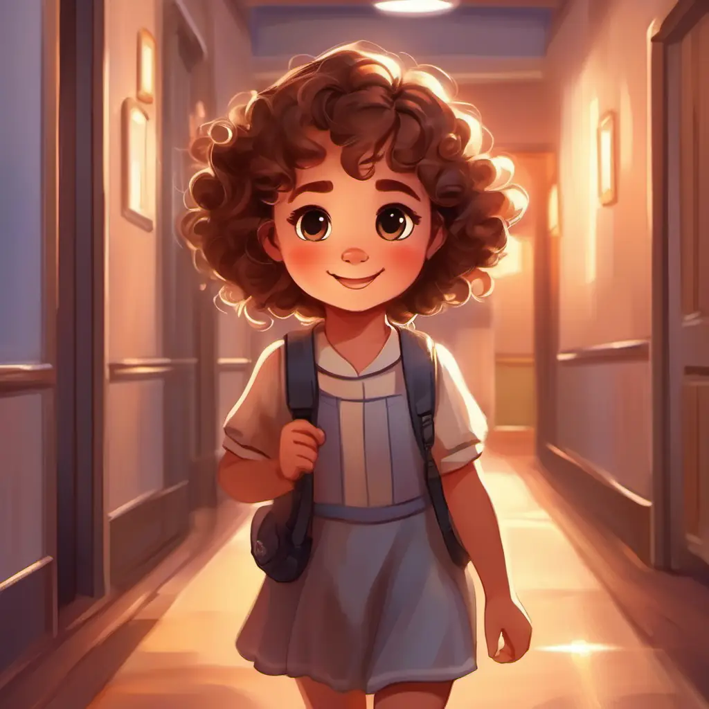 Charming girl with curly brown hair, sparkly brown eyes walking down the hallway, flashlight shining, Soft teddy bear with a warm, friendly smile peeping out
