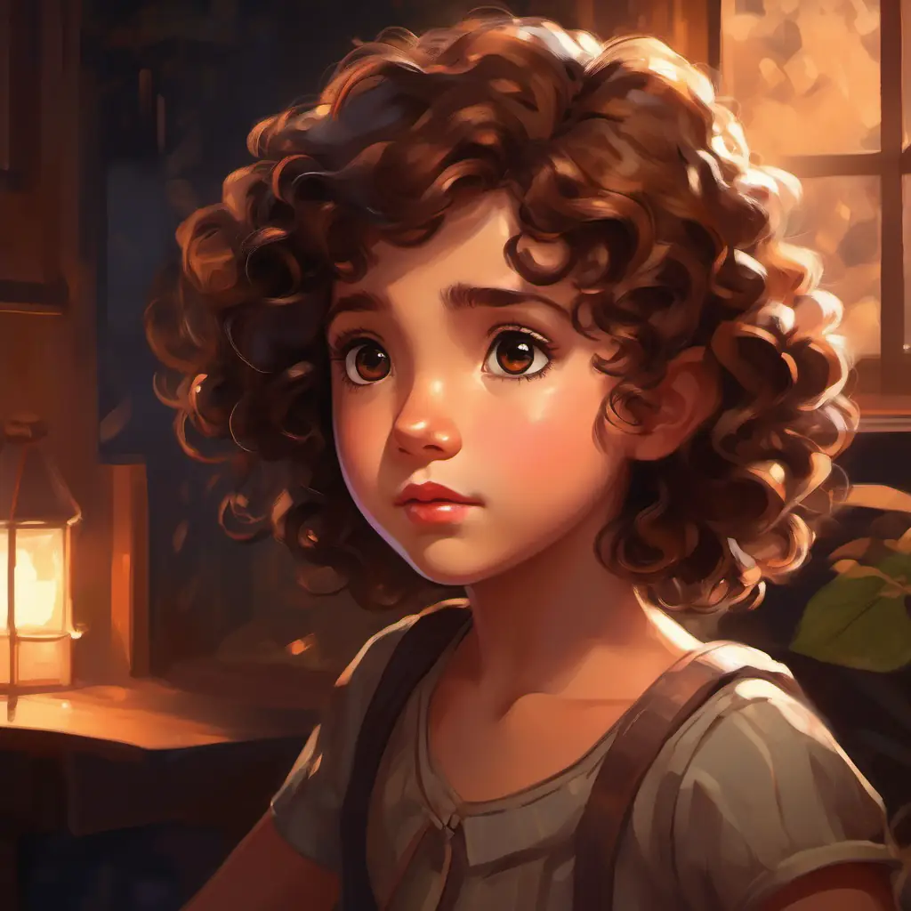 Charming girl with curly brown hair, sparkly brown eyes exploring the dark living room, looking determined
