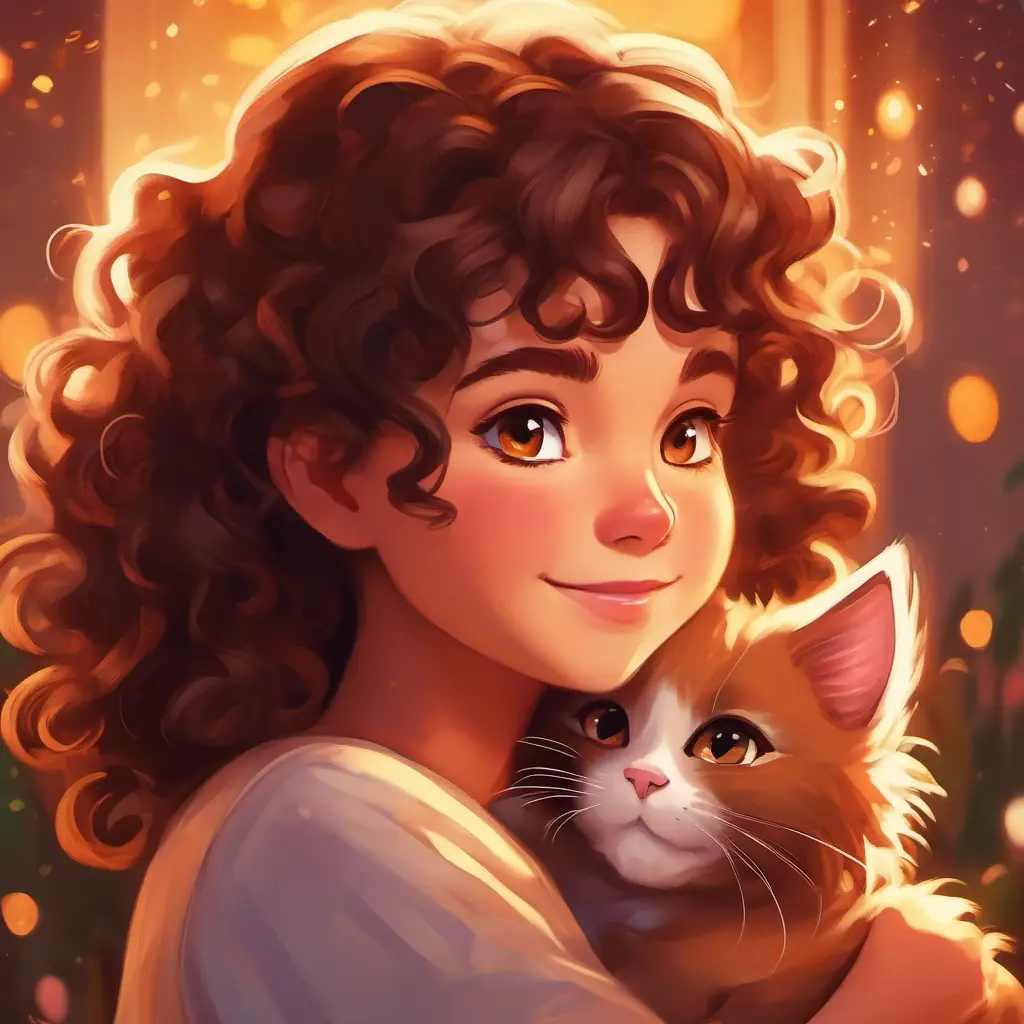Charming girl with curly brown hair, sparkly brown eyes hugging her happy, purring cat, surrounded by warm glow