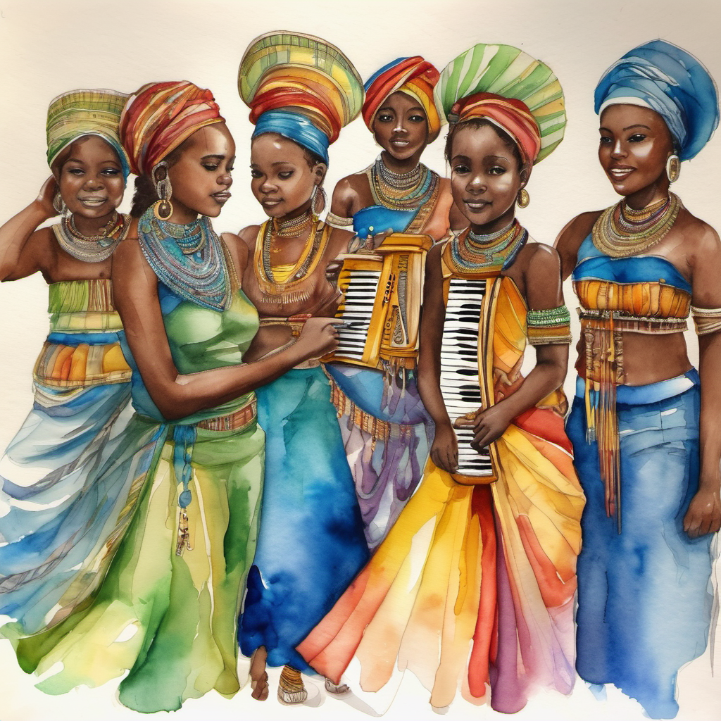 Crianças no barco com roupas coloridas e alegres ouvindo música africana e indígena