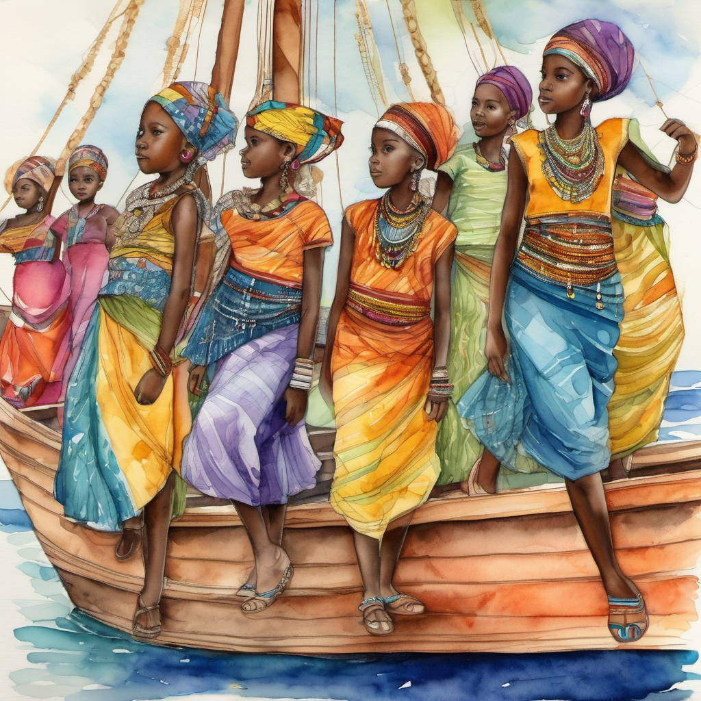 Crianças no barco com roupas coloridas e alegres aprendendo danças africanas e indígenas