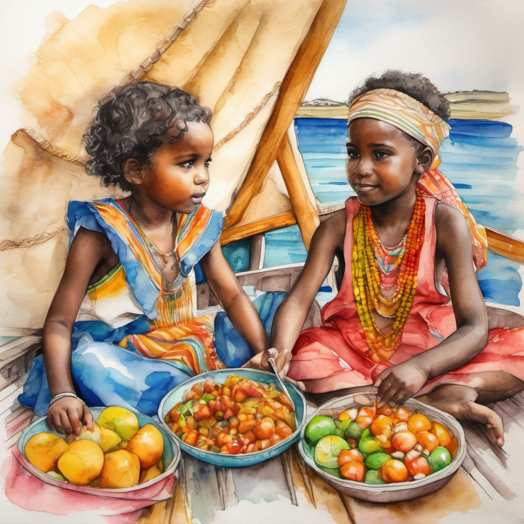 Crianças no barco com roupas coloridas e alegres experimentando comida africana e indígena