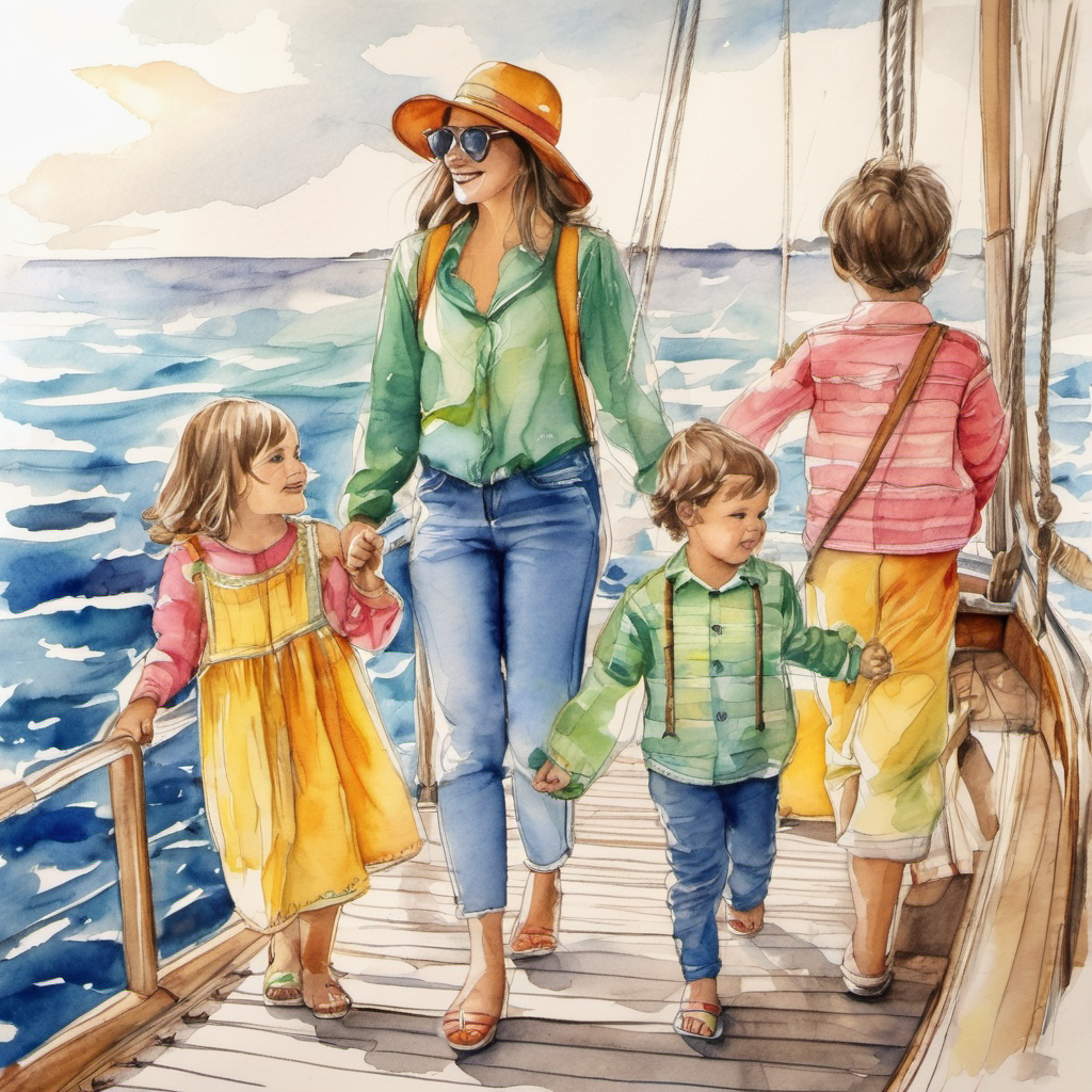 Crianças no barco com roupas coloridas e alegres aprendendo a pescar e caçar