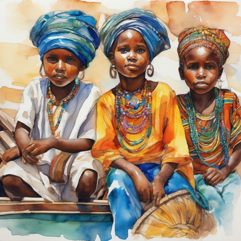 Crianças no barco com roupas coloridas e alegres vendo máscaras africanas e pinturas indígenas