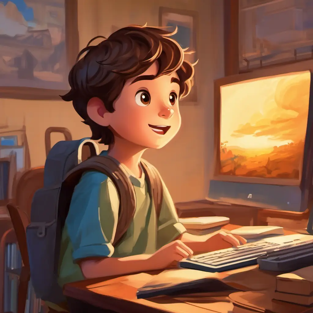 Curious boy, brown hair, brown eyes, eager learner is introduced, excited about computers.