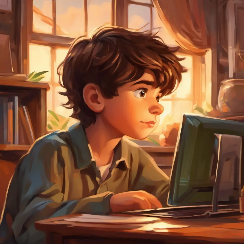 Curious boy, brown hair, brown eyes, eager learner dreams about computer possibilities.