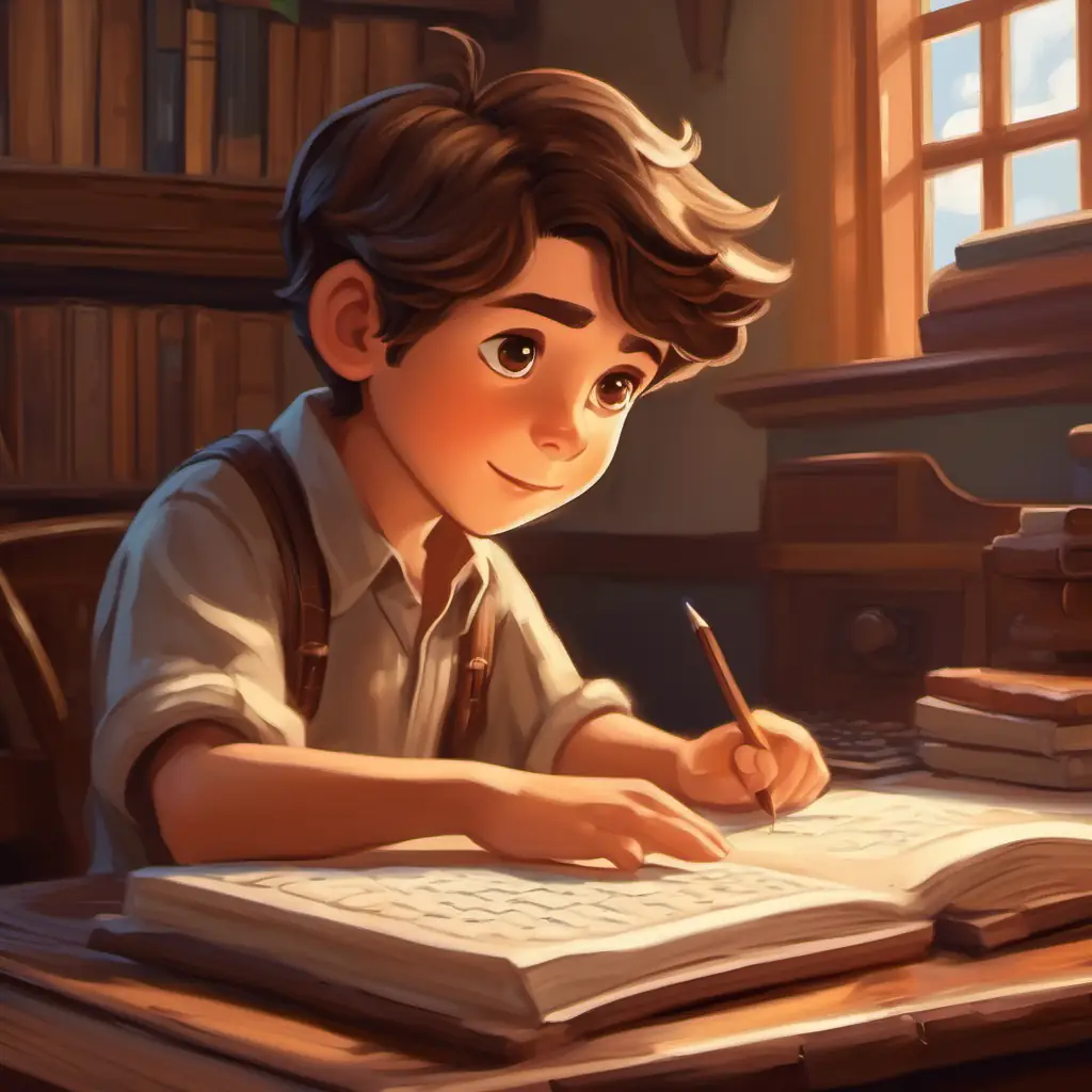 Curious boy, brown hair, brown eyes, eager learner learns to type his name.