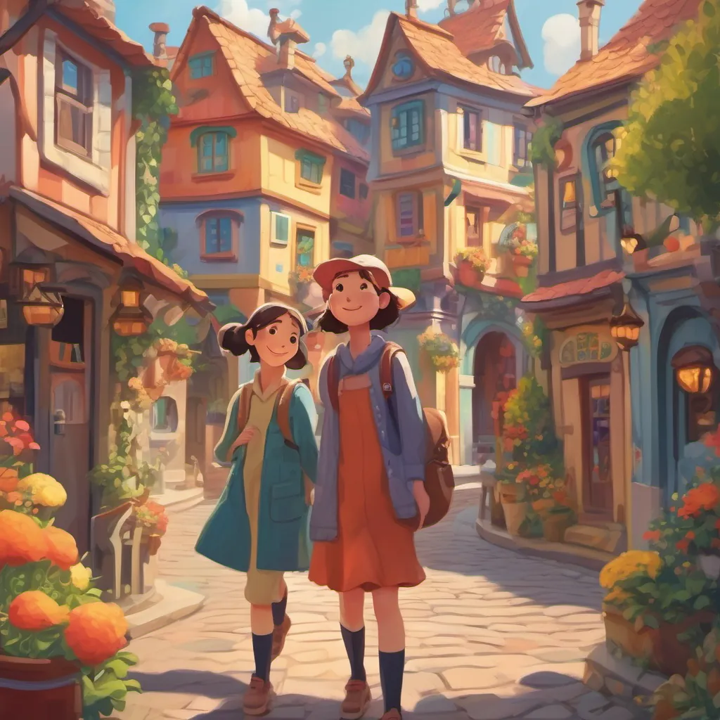 illustration of a tall cheerful girl with a kind face in a whimsical town with colorful houses and bustling streets