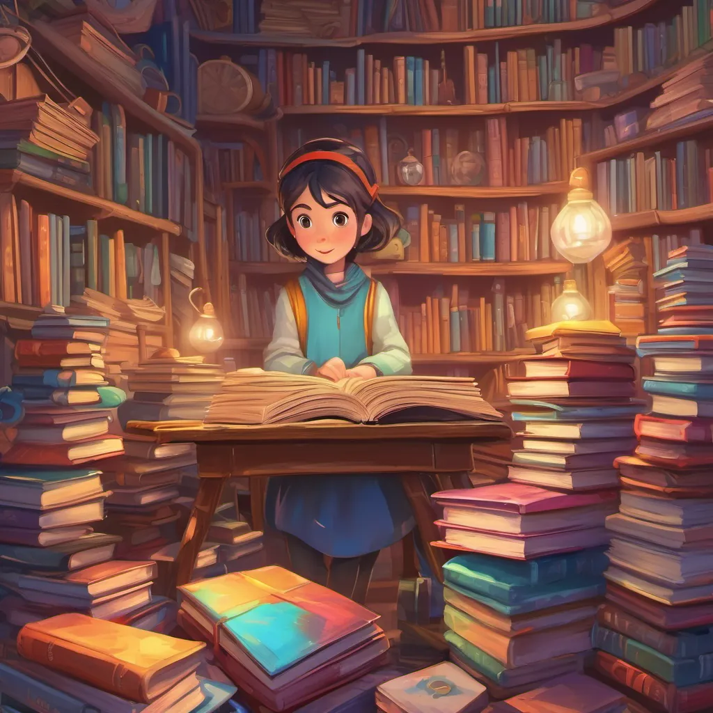 illustration of a short, shy girl hiding behind a stack of colorful books in a fantastical workshop filled with wondrous gadgets and gizmos