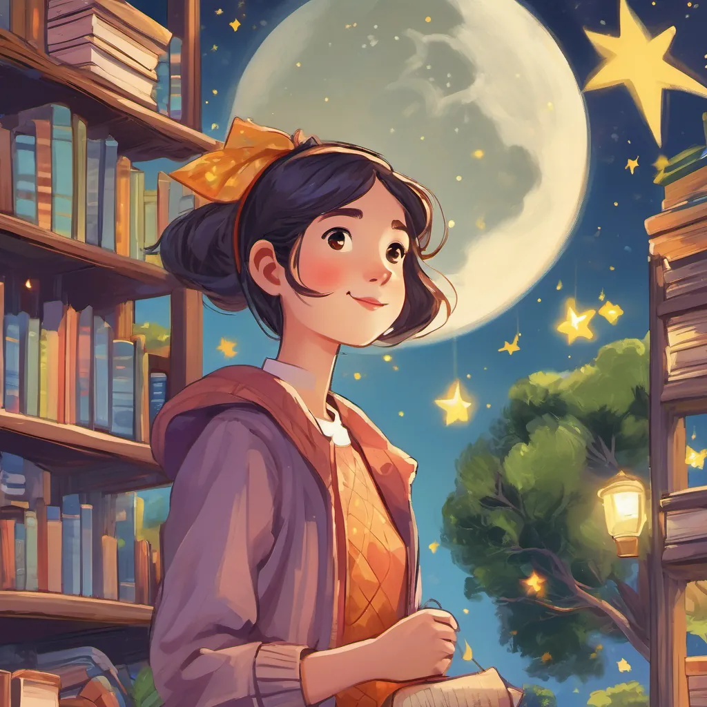 illustration of a tall, cheerful girl with a kind face and long, lanky frame, often wearing colorful clothes and a short, shy girl with curious eyes, who loves books and often hides behind them under a starry night sky, with the moon shining brightly and tender expressions on their faces