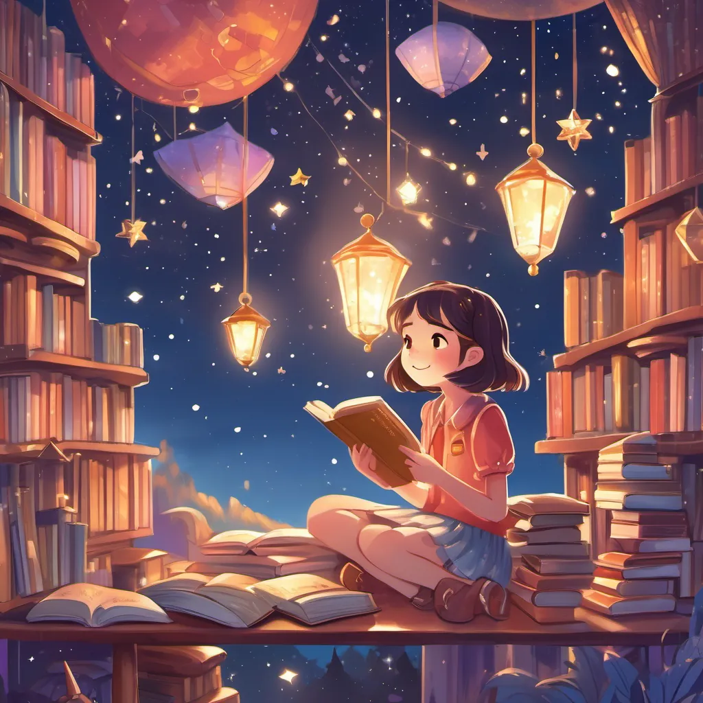illustration of a short, shy girl with curious eyes, who loves books and often hides behind them and a tall, cheerful girl with a kind face and long, lanky frame, often wearing colorful clothes embracing under a night sky filled with stars, with magical sparkles around them