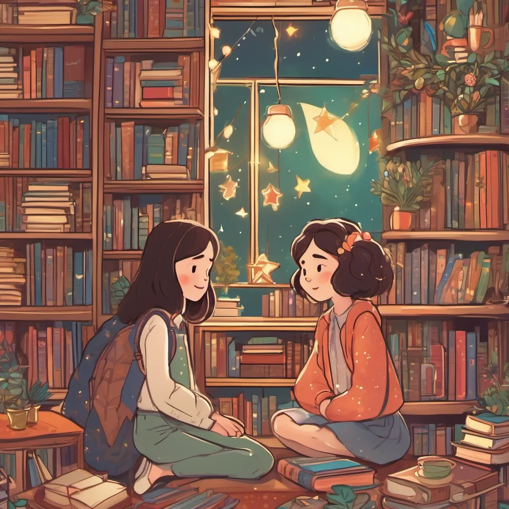 illustration of a tall, cheerful girl with a kind face and long, lanky frame, often wearing colorful clothes placing a star atop a tall bookshelf while a short, shy girl with curious eyes, who loves books and often hides behind them watches in awe, surrounded by twinkling lights and whimsical decor