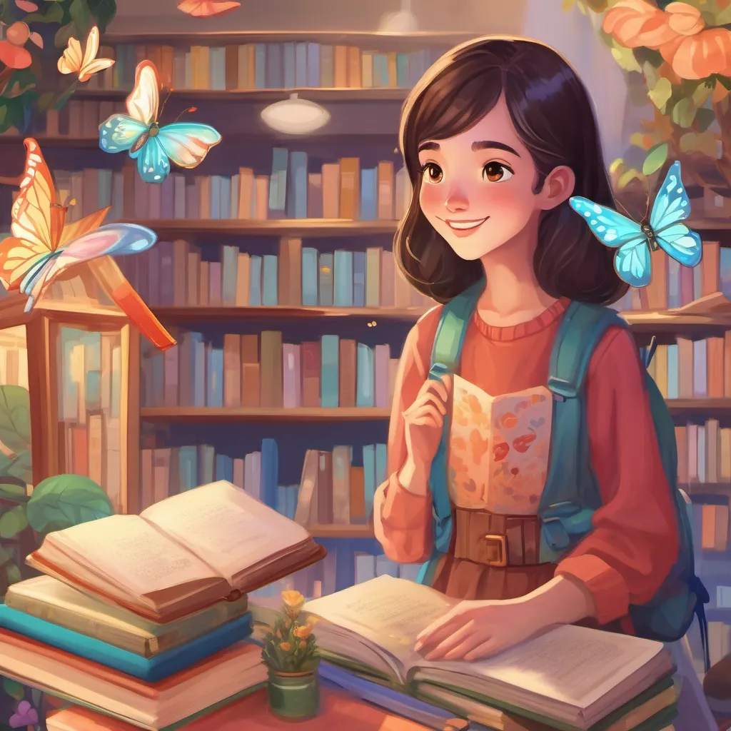 illustration of a tall, cheerful girl with a kind face and long, lanky frame, often wearing colorful clothes and a short, shy girl with curious eyes, who loves books and often hides behind them laughing together, with playful light and magical butterflies around them